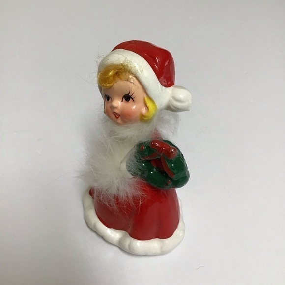 Napco ? Ceramic Christmas Girl Figurine Wreath Hair Fur Red Mrs. Claus Dress VTG - Picture 4 of 14